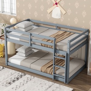 Sapphtopaz Space-Saving Twin over Twin Floor Bunk Bed for Teens/Adults, Simple Solid Wooden Bed Frame with Guardrails, Ladder, Strengthened Slats - 1 of 4
