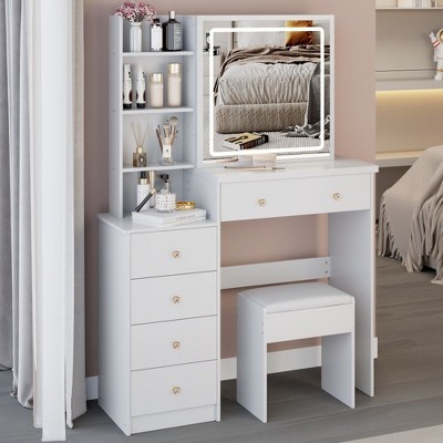 NicBex 37" Makeup Vanity Desk with Brightness Adjust LED Mirror,Modern Makeup Table with Cushioned Stool for Bedroom