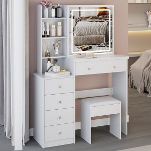 NicBex 37" Makeup Vanity Desk with Brightness Adjust LED Mirror,Modern Makeup Table with Cushioned Stool for Bedroom - 1 of 4