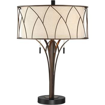 Franklin Iron Works Modern Rustic Farmhouse Table Lamp with USB Charging Port 26" High Brown Metal Double Shade Living Room Bedroom House