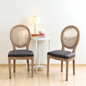 Mshliw Set of 2 Modern Dining Chairs with Rattan Back, Solid Wood Frame, Antique Painted Finish, Linen Upholstered Seat with Foam Cushion - 1 of 4