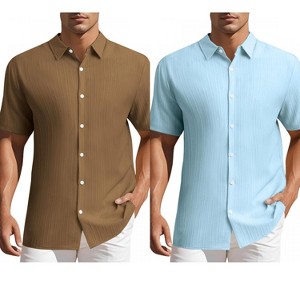 INSPIRE CHIC Men's Summer Point Collar Short Sleeves Button Down Linen Shirts 2 Packs - 1 of 4