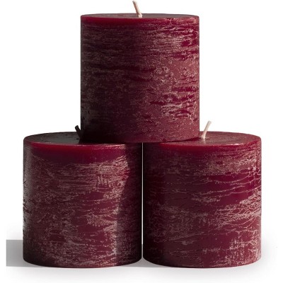 3x3 Pillar Candles Set of 3 - Rustic Unscented No Drip Burgundy Candles for Home Decor, Weddings, Centerpieces