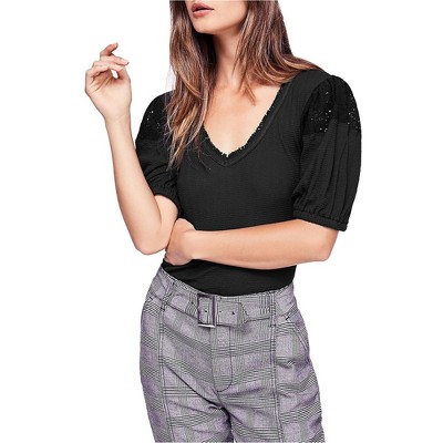 Free People Womens Lace-Inset Knit Blouse