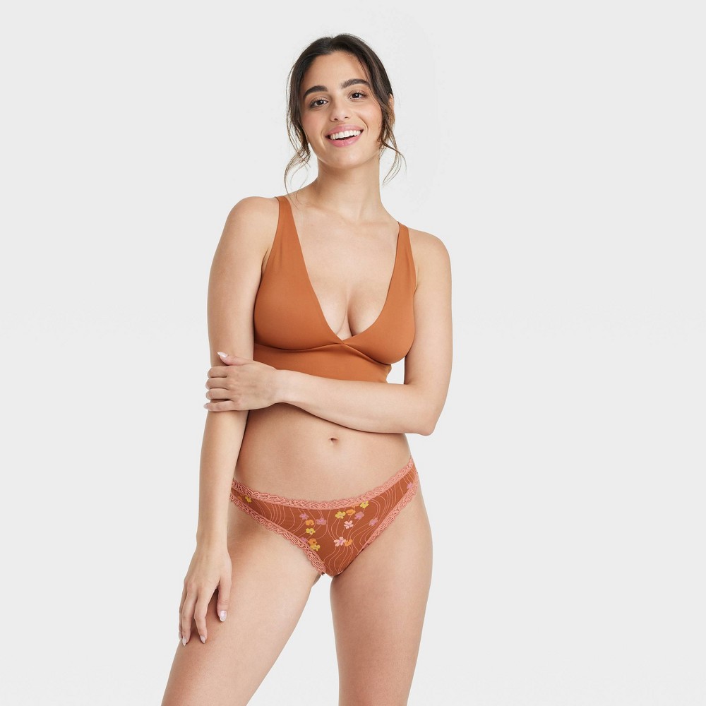 Women's Floral Print Lace Trim Cotton Thong - Auden™ Brown M(8-10)