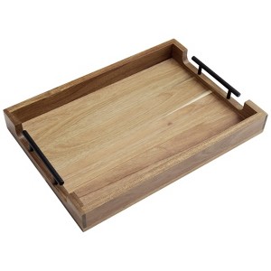 17" Acacia Serving Tray ¨C Wooden Tray with Metal Handles (Brown, for Coffee Table/Bar/Kitchen/Bathroom) - 1 of 4