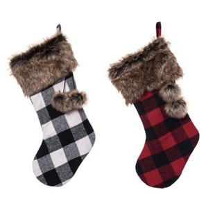 Transpac Fabric Check & Faux Fur Stocking Set of 2 Christmas Home Decorations - 1 of 1