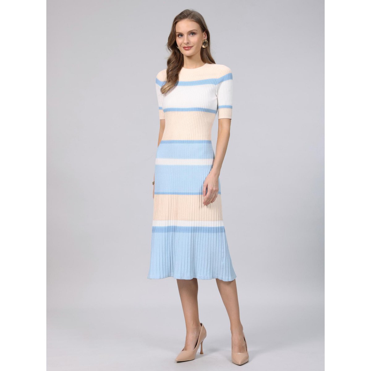 Женские платья INSPIRE CHIC Women's Striped Ribbed Short Sleeve Midi Basic Knitted Dresses Light Blue Small — фото 3