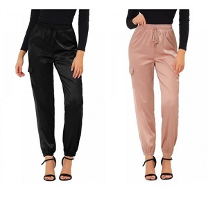 Allegra K Women's Drawstring Elastic High Waist Cargo Pocket Silky Satin Pants 2 Packs - 1 of 4