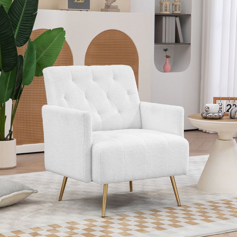 HOMCOM Berber Fleece Accent Chair, Upholstered Tufted Armchair with Gold Steel Legs, Fabric Reading Chair for Living Room and Bedroom, White, 3 of 7