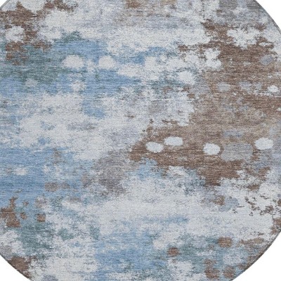HomeRoots 8' Brown And Sky Blue Round Abstract Washable Indoor Outdoor Area Rug