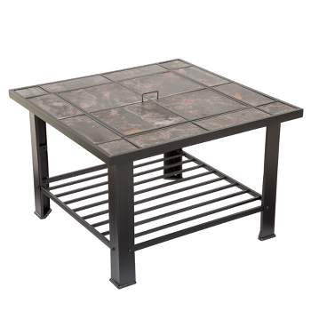 Nature Spring 30" Square Steel and Tile Wood-Burning Fire Pit with Table Top Cover