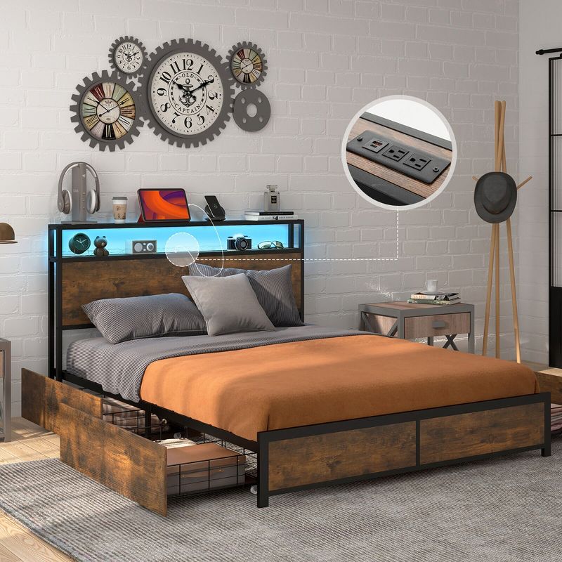 Tangkula Full/Queen Industrial Platform Bed Frame with Storage Drawers & LED Lights Headboard, 2 of 11