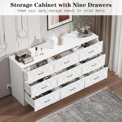 9 Drawer Dresser, 63'' Wooden Large Dresser with Power Outlet Wide Drawer, Modern Chest of Drawers for Closet, Storage Organizer Long