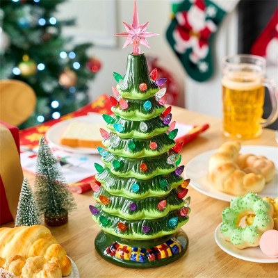 JOYFY 15" Prelit Ceramic Christmas Tabletop Tree with 70 Lights, Hand-Painted Ceramic Tabletop Christmas Tree for Christmas Holiday Indoor Decorations