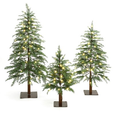 LuxenHome 3-Piece Artificial Trees with Lights and Flat Metal Stand, Holiday Set (3Ft, 4Ft, 5Ft) Green