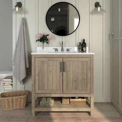 Emma and Oliver Bathroom Vanity, Single Sink Cabinet with 2 Soft Close Doors and Open Shelf, Carrara Marble Finish Countertop