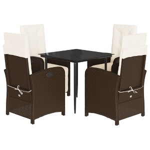 vidaXL 5-Piece Brown Poly Rattan Patio Dining Set with Adjustable Reclining Chairs, Cream Cushions, and Glass Table for Garden, Outdoor, Balcony - 1 of 4