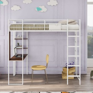 CAVINAS Twin Size Metal Loft Bed with Ladder & Fence,Modern Bed Frame with Desk for Bedroom,Study - 1 of 4