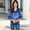 Anna-Kaci Women's Satin Long Sleeve Blouse with Decorative Buttons and V-Neckline - 4 of 4