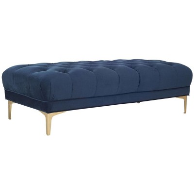 Transitional Navy Velvet Tufted Bench with Brass Legs