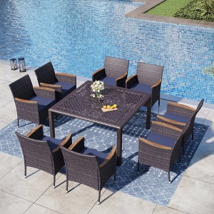 Captiva Designs Outdoor 9Pc Cast Aluminum Square Metal Dining Table with Umbrella Hole & Cushioned Wicker Rattan Chairs - 1 of 4