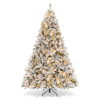 Tangkula 6/7/8 FT Pre-lit Artificial Christmas Tree Hinged Snow-flocked Xmas Tree with 644/956/1370 Branch Tips 300/450/600 Warm White LED Lights