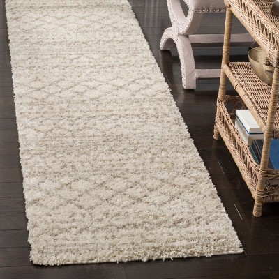 Elegant Ivory and Beige Shag Runner Rug, Hand-Knotted Synthetic 2'3" X 10'