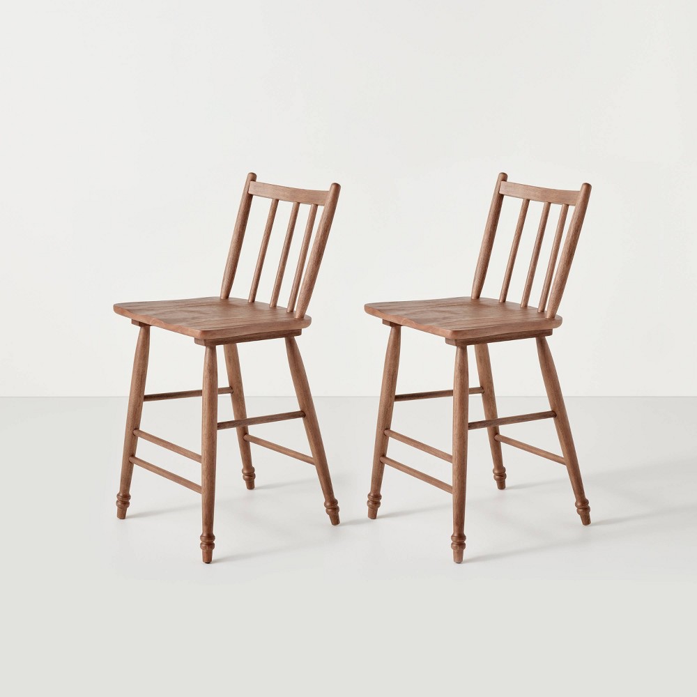 Photos - Chair 2pk Vintage Windsor Counter Stools - Aged Oak - Hearth & Hand™ with Magnol