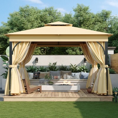 VYNXARIA 10*12 Outdoor Gazebo Tent with Double Roofs,Patio Gazebo with Mosquito Netting and Privacy Screens,Beige