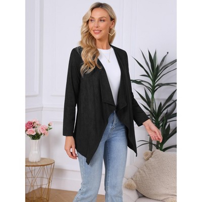 INSPIRE CHIC Women's Faux Suede Lapel Draped Open Front Long Sleeve Lightweight Fall Work Casual Jacket Cardigan Black Large — фото 3