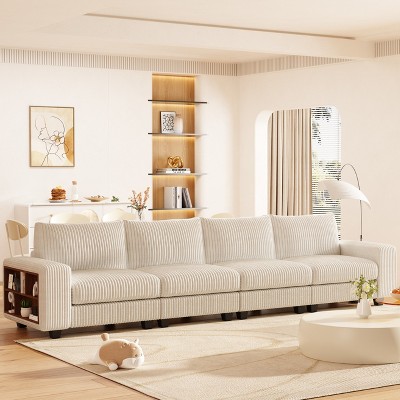 GDFStudio Susanna Beige Corduroy Upholstered Sectional Sofa with Built-In Shelf