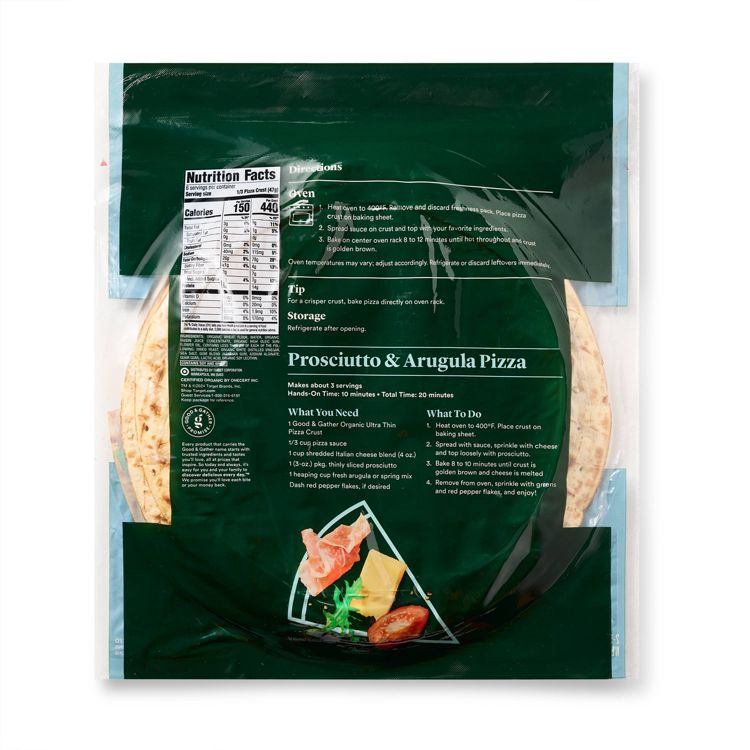 Package of Good & Gather Organic Ultra Thin Pizza Crust with visible nutrition facts and instructions for making Prosciutto & Arugula Pizza.