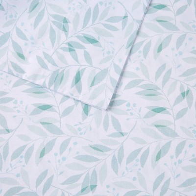 Queen Green Leaves Cotton Percale Sheet Set