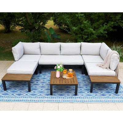 Captiva Designs 6pc Outdoor Conversation Set with Sectional Sofa Light Gray