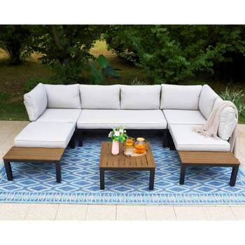 Captiva Designs 6pc Outdoor Conversation Set with Sectional Sofa Taupe Gray