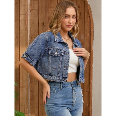 INSPIRE CHIC Women's Short Sleeve Button Up Frayed Washed Denim Jacket Blue X-Large — фото 2