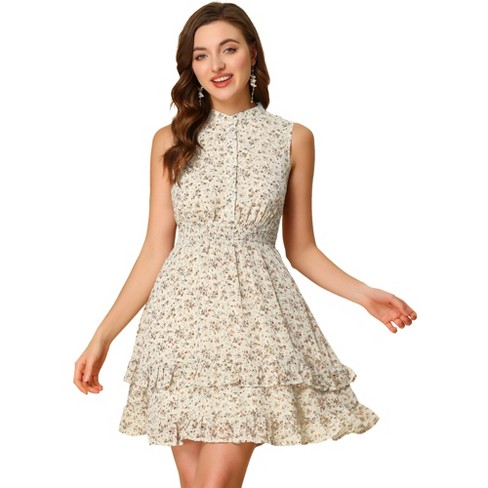 Allegra K Women\'s Regular Fit Floral A-line Smocked Waist Tiered Ruffled  Chiffon Mini Dress Beige X-large : Target