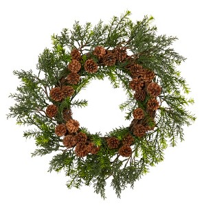 Nearly Natural 22-in Cedar, Grass and Pine Cone Artificial Wreath UV Resistant (Indoor/Outdoor) - 1 of 3