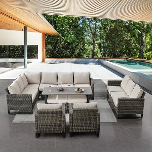 POCASSY 9 Piece Patio Furniture Set, Sectional Outdoor Conversation Set with L-Shape Sectional Sofa, Patio Couch, and Wicker Patio Chairs - 1 of 4