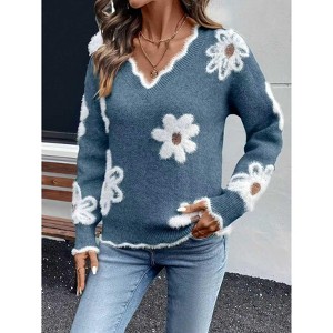 Women's V-Neck Long-Sleeve Sweater Casual Color-Block Lace Collar Jacquard Pullover - 1 of 4