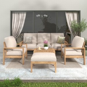 Christopher Knight Home Norman 5 Pieces Outdoor Slat Design Acacia Wood Upholstered Seating Set - 1 of 4