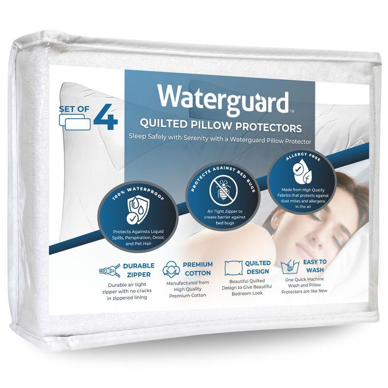 Waterguard Quilted Waterprof Cotton Top Pillow Protector Set of 4 White, 1 of 10
