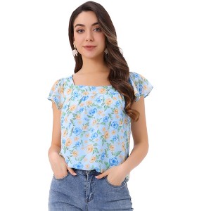 INSPIRE CHIC Women's Chiffon Ruffle Sleeve Square Neck Floral Print Blouse - 1 of 4