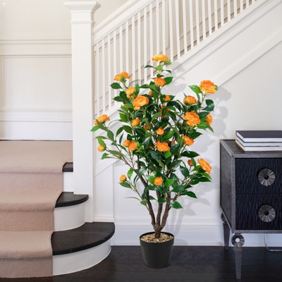 40" Orange Faux Camellia Tree in Black Pot