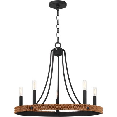 Black Metal and Woven Wood 6-Light Chandelier