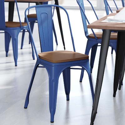Blue Metal Indoor-Outdoor Stackable Chair with Teak Seat