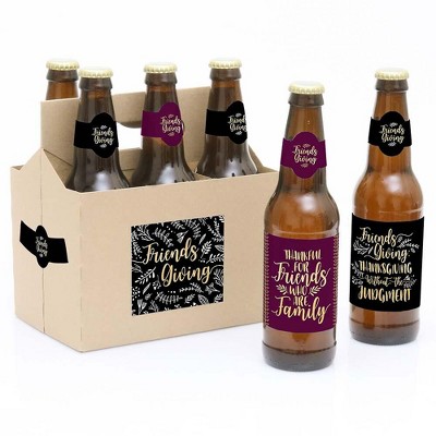 Big Dot of Happiness Elegant Thankful for Friends - Friendsgiving Thanksgiving Party Décor for Women & Men - 6 Beer Bottle Label Stickers & 1 Carrier