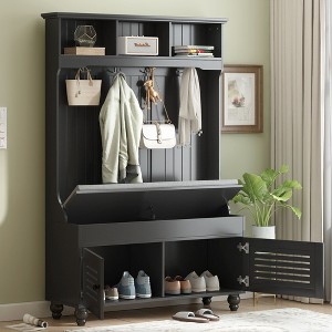 NicBex Hall Tree with Bench 47 in Hall Tree with 4 Hooks, 3 Open Shelves and 3 Storage Cabinets Shutter-Shaped Doors, Black - 1 of 4