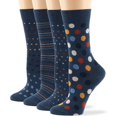 Women Cotton Calf Patterned Socks - 4 Pack - Striped, Dot, Geometric - M/L - Black, Brown, Navy | 7BIGSTARS KINGDOM